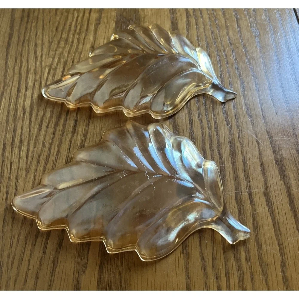 Set of 2 Vintage Marigold / Amber Leaf-Shaped Carnival Glass Candy Relish Dishes